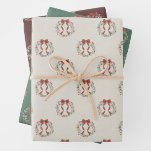 Vintage Christmas Wreath Watercolor Linen (Multi) Wrapping Paper Sheets