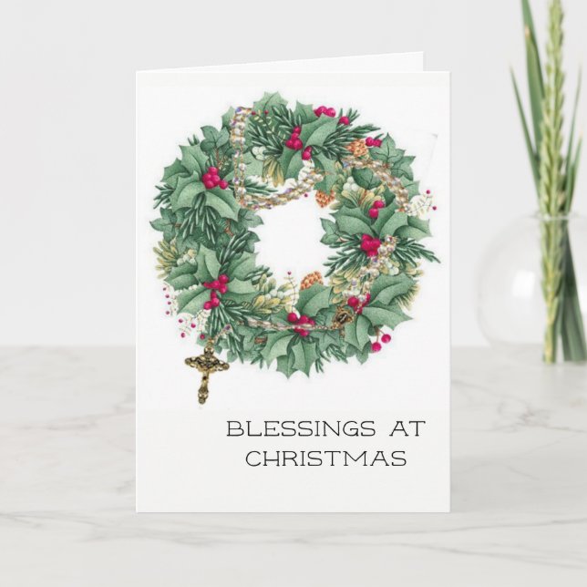 Vintage Christmas Wreath with Rosary Holiday Card (Front)