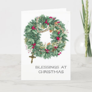 Vintage Christmas Wreath with Rosary Holiday Card
