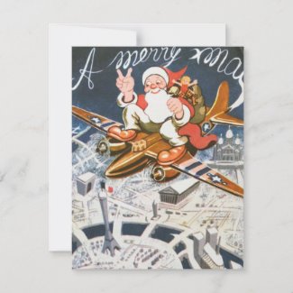 Vintage Christmas WW2 Santa On Plane Holiday Card