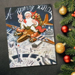 Vintage Christmas WW2 Santa On Plane Holiday Card