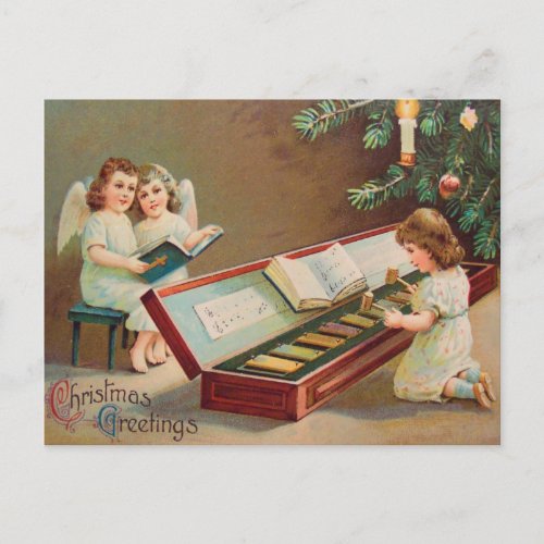 Vintage Christmas Xylophone Angels Greetings Holiday Postcard