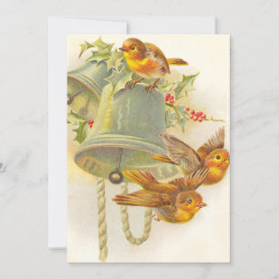 Vintage Christmas Yellow Finch Birds On Bells Holiday Card