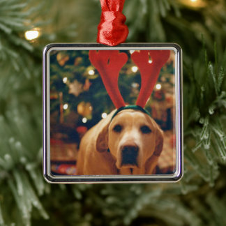 Vintage Christmas Yellow Lab Dog Metal Ornament