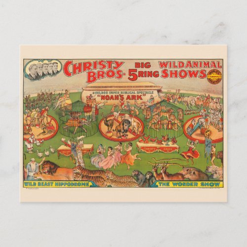 Vintage Christy Brothers Wild Animal Circus Poster Postcard