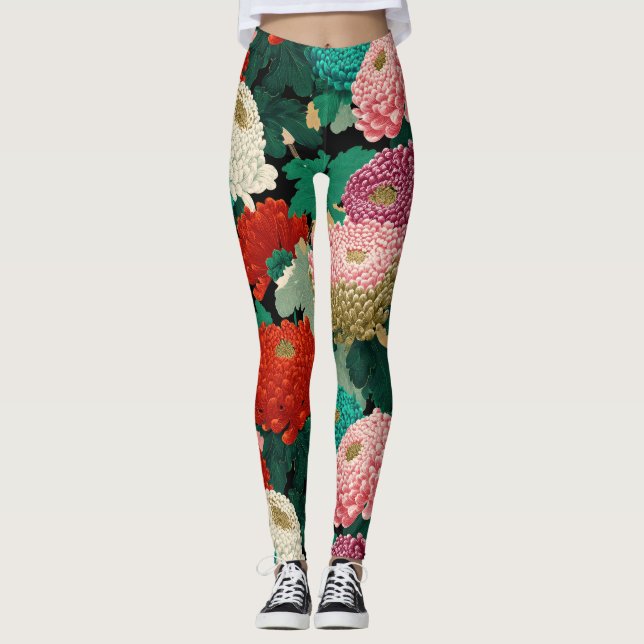 Vintage Chrysanthemum Flowers Botanical Patttern Leggings (Front)