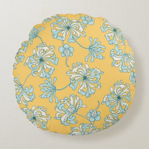 Vintage Chrysanthemum Flowers Oriental Pattern Round Pillow