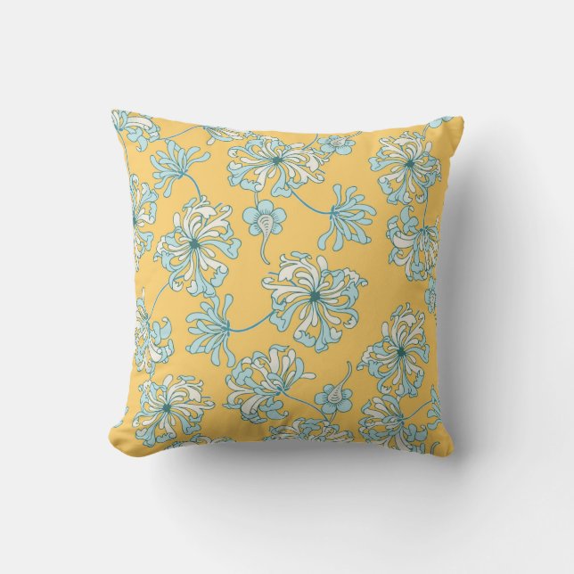 Vintage Chrysanthemum Flowers, Oriental Pattern. Throw Pillow (Front)