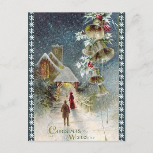 Vintage Church and Bells Christmas Holiday Postcard