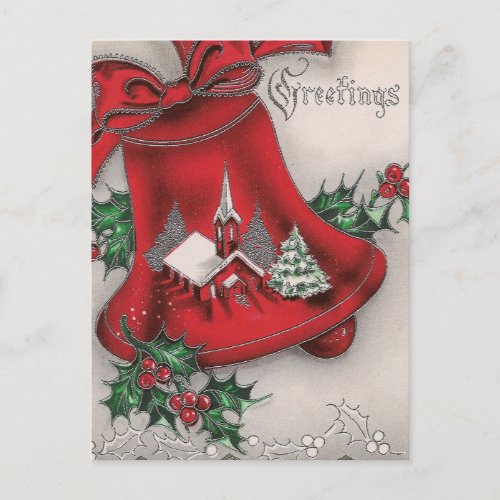 Vintage Church Bell Christmas Greetings Postcard