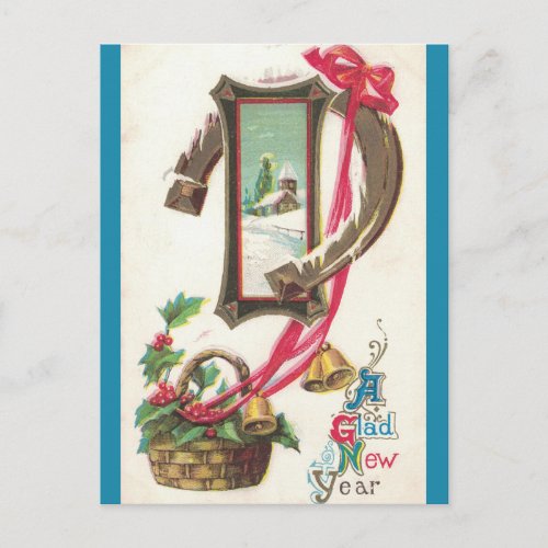Vintage Church Holly Horseshoe and Bells New Year Postcard