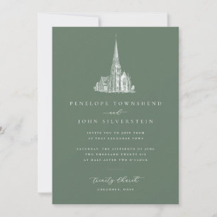Vintage Church Illustration Sage Green Wedding Invitation