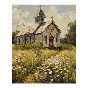 Vintage Church in a Meadow Poster