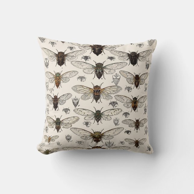 Vintage Cicadas Illustration Throw Pillow (Front)