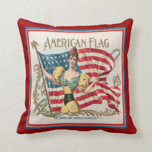 Vintage Cigar Box Label American Flag Throw Pillow