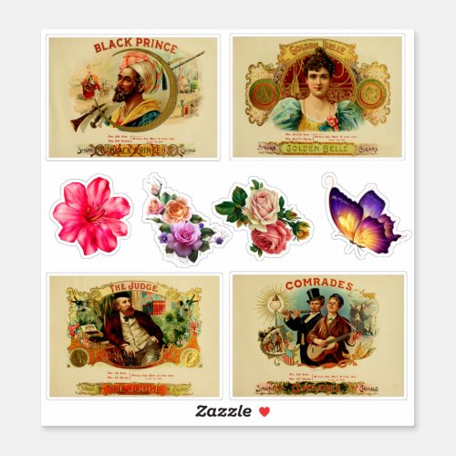 Vintage Cigar Box Labels and Flowers Sticker Set