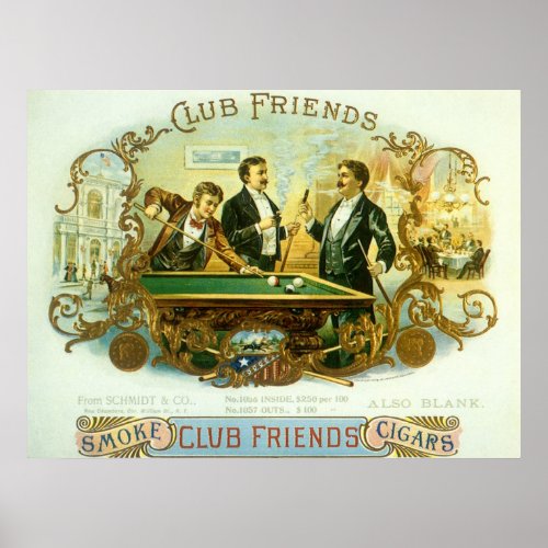 Vintage Cigar Label Art Club Friends Billiards Poster