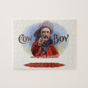 Vintage Cigar Label Art, Cowboy Hits the Mark Jigsaw Puzzle