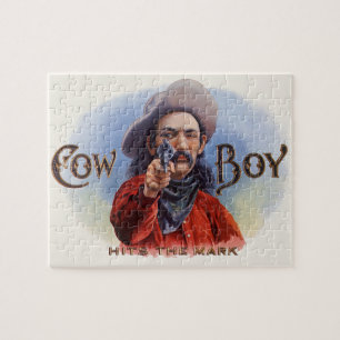 Vintage Cigar Label Art, Cowboy Hits the Mark Jigsaw Puzzle