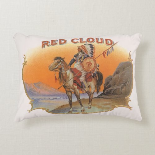 Vintage Cigar Label Art Red Cloud Indian on Horse Accent Pillow