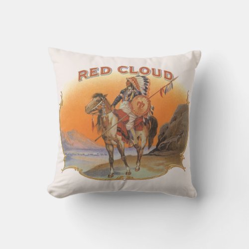 Vintage Cigar Label Art Red Cloud Indian on Horse Throw Pillow