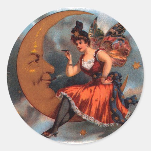 Vintage Cigar Label Art Victorian Fairy on Moon