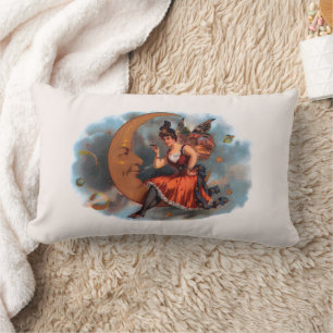 Vintage Cigar Label Art, Victorian Fairy on Moon Lumbar Pillow