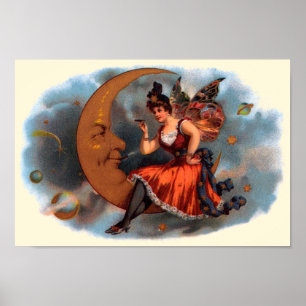 Vintage Cigar Label Art, Victorian Fairy on Moon Poster