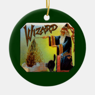 Vintage Cigar Label Art, Wizard with Black Cat Ceramic Ornament