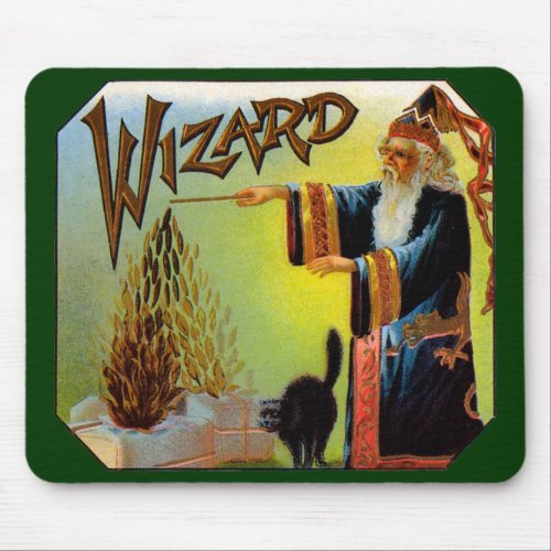Vintage Cigar Label Art Wizard with Black Cat Mouse Pad