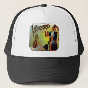 Vintage Cigar Label Art, Wizard with Black Cat Trucker Hat