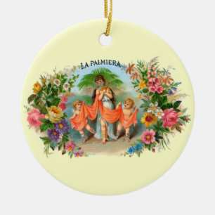 Vintage Cigar Label La Palmiera, Woman with Angels Ceramic Ornament