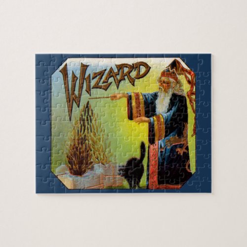 Vintage Cigar Label Magic Wizard with Black Cat Jigsaw Puzzle