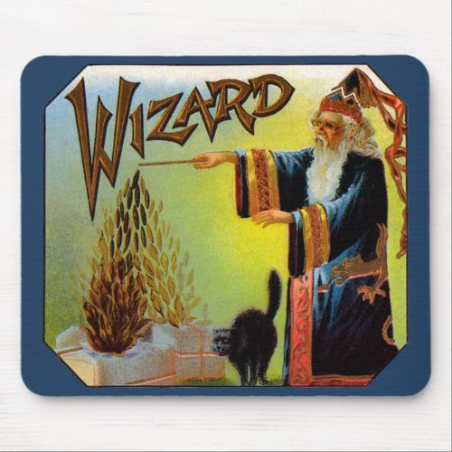 Vintage Cigar Label Magic Wizard with Black Cat Mouse Pad