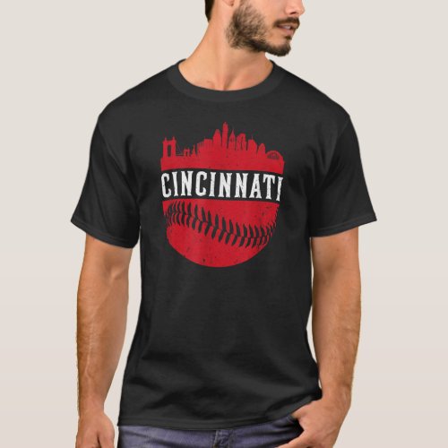 Vintage Cincinnati Baseball Skyline Retro Red Gift T_Shirt