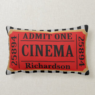 Vintage Cinema Movie Ticket Stripes & Family Name Lumbar Pillow