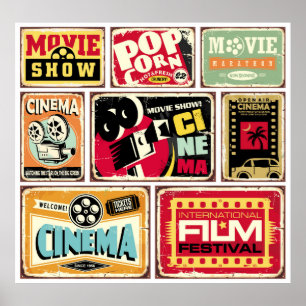 Vintage cinema tin signs collection. Movie industr