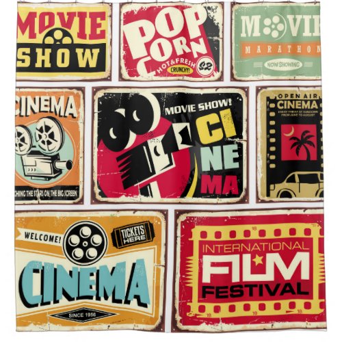Vintage cinema tin signs collection Movie industr Shower Curtain