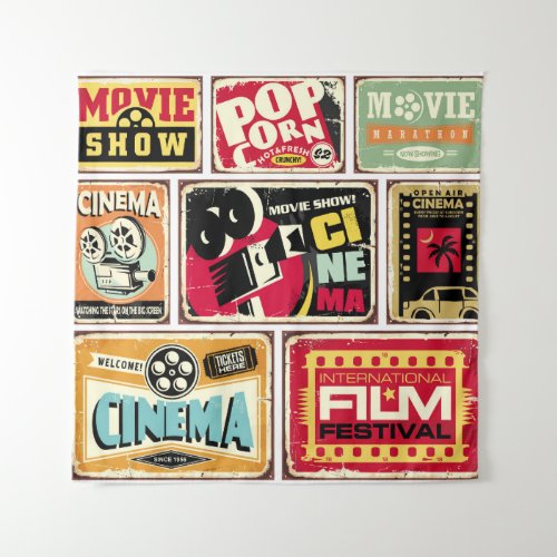 Vintage cinema tin signs collection Movie industr Tapestry