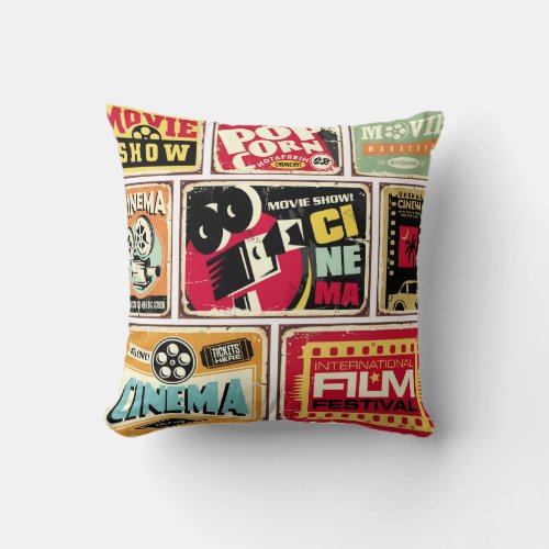 Vintage cinema tin signs collection Movie industr Throw Pillow