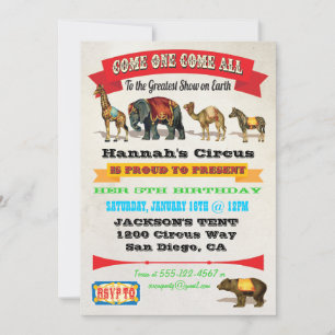 Vintage Circus Animals Birthday Party Invitations