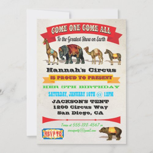 Vintage Circus Animals Birthday Party Invitations