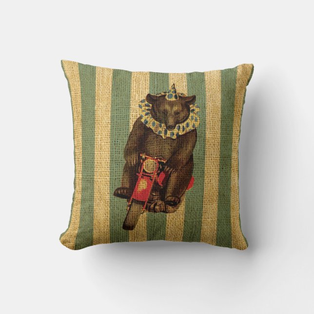 Vintage Circus Bear on Motorcycle Throw Pillow (Front)