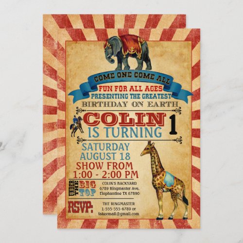 Vintage Circus Birthday Party  Invitation