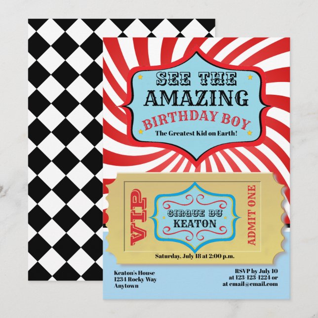 Vintage Circus Birthday Party Invitations (Front/Back)