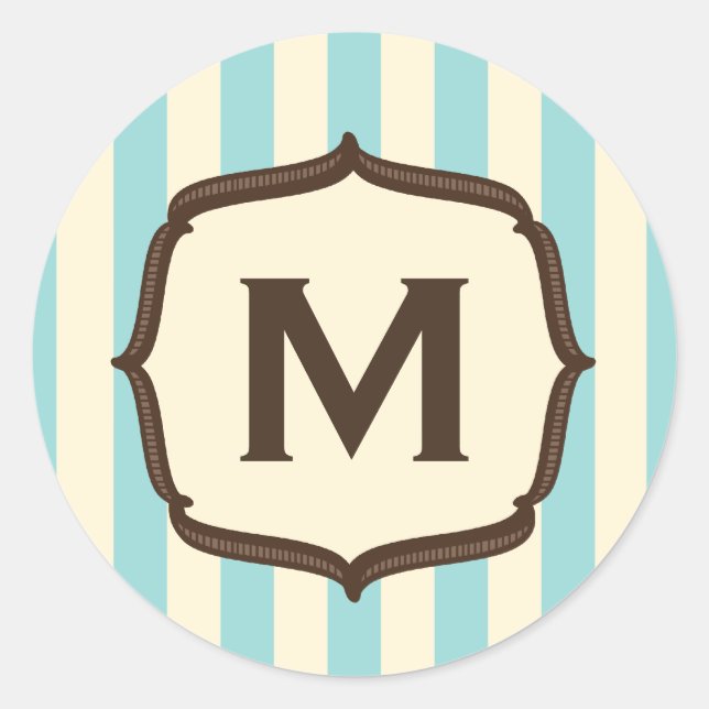 Vintage Circus Blue Stripes Monogram Classic Round Sticker (Front)