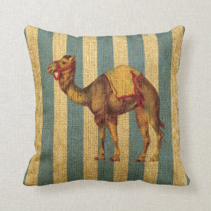 Vintage Circus Camel on Blue Stripes Throw Pillow