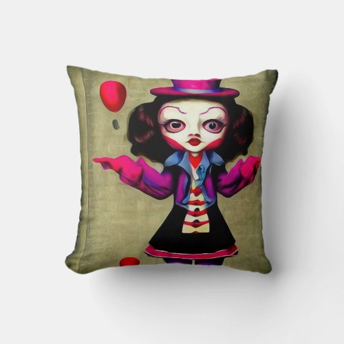 Vintage Circus Clown Girl Throw Pillow