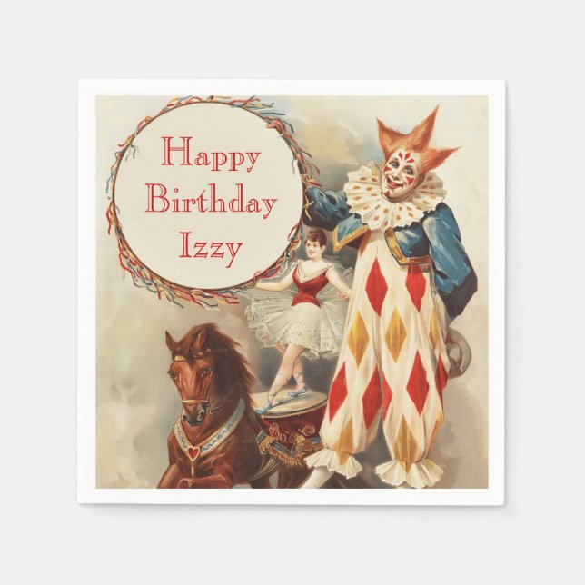 Vintage Circus Clown Personalized Birthday Napkins (Front)