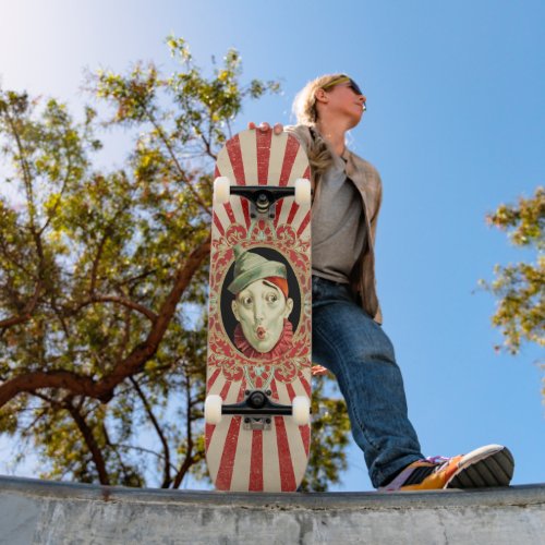 Vintage Circus Clown with Distressed Red Starburst Skateboard